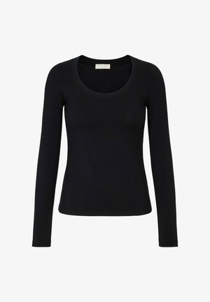 Black long-sleeve top with a scoop neckline, fitted shape, made from soft, stretchy fabric, featuring no visible patterns or accents.