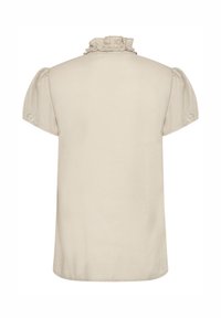 Top beige a maniche corte con colletto arricciato e maniche a palloncino. Realizzato in tessuto leggero e morbido con una texture liscia.
