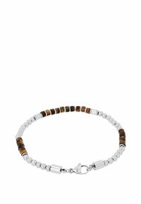 Bracciale in argento con perle rotonde e segmenti rettangolari in occhio di tigre, con chiusure alternative in argento e una texture liscia.