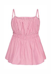 Haut rose sans manches avec fines bretelles, taille élastiquée et fines rayures blanches verticales, créant une silhouette froncée et évasée.