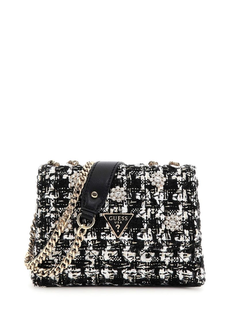 Crna i bijela torba od tvida s zlatnim lančićem, crnim kožnim detaljima i dekorativnim aplikacijama od kristala. Logotipska oznaka sprijeda.