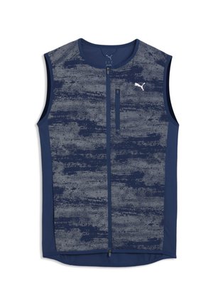 Gilet sans manches bleu marine avec motif texturé gris, fermeture éclair frontale, poche zippée sur la poitrine et logo Puma blanc sur le côté droit.