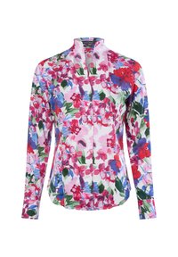 Bloemrijke blouse met lange mouwen en een mandarinakraag, met multikleurige patronen in rood, blauw en groen op een lichte achtergrond, met een knopenfront.