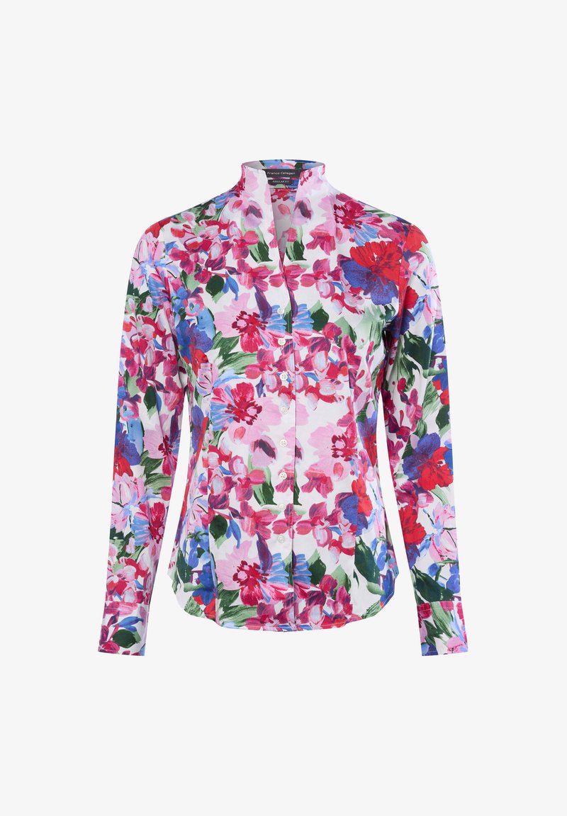 Bloemrijke blouse met lange mouwen en een mandarinakraag, met multikleurige patronen in rood, blauw en groen op een lichte achtergrond, met een knopenfront.