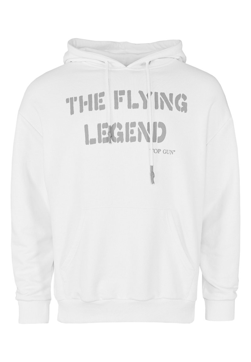Vit hoodie med en framficka, med "THE FLYING LEGEND" tryckt i mörkgrått och en justerbar dragkedja på huvan.