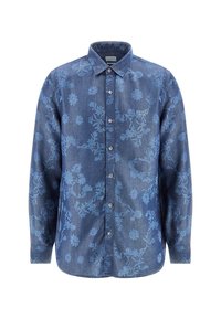 Denim overhemd in donkerblauw met bloemenpatroon, lange mouwen, knoopsluiting en kraag. Bevat een klein logo op de borst.