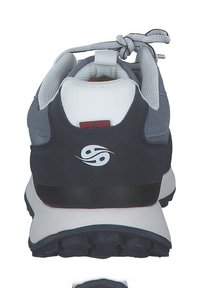 Men's sports shoe featuring a navy upper, gray accents, rubber outsole, white heel cap, and a round logo on the back. Laced design.