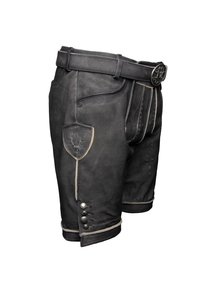 Leather shorts in black, featuring a belt, decorative stitching, two side pockets, a shield patch, and button accents on the hem.