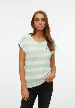 Light green and white striped short-sleeve top with a rounded neckline and relaxed fit. Fabric appears soft, with a smooth texture.