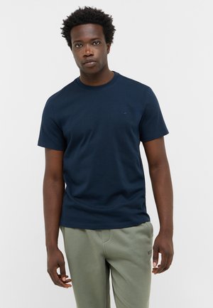 Navy blue short-sleeved T-shirt made of soft material, featuring a crew neck and subtle logo detail on the chest.