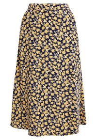 Jupe fleurie avec un fond bleu marine sombre, ornée de motifs de fleurs jaunes et d'un design fluide en A. Fabriquée en tissu léger.