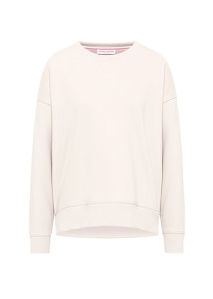 Lichtbeige sweatshirt met een ronde hals, verlaagde schouders en een subtiele geborduurde hartdetail. Zacht materiaal en een ontspannen pasvorm ontwerp.