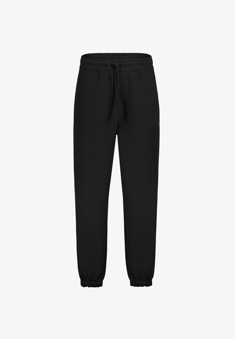 Schwarze Sweatpants aus weichem Stoff mit elastischem Taillenbund und verstellbarem Kordelzug. Die Bündchen an den Knöcheln sorgen für eine taillierte Passform.
