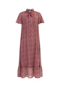 Rochie maxi roșie, cu un model floral, cu un gât înalt, mâneci scurte cu volane și un tiv ondulat. Fabricată dintr-un material ușor și transparent.