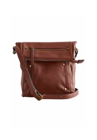 Smešani smeđi kožni crossbody torba s patentnim zatvaračem na vrhu, prednjim džepom, zlatnim detaljima i podesivim remenom; sadrži šivane naglaske i zakovice.