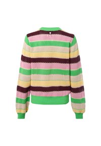 Pull en tricot présentant des rayures horizontales vertes, roses, jaunes et brunes. Tissu maille texturé avec des poignets et un ourlet côtelés.