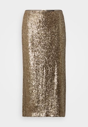 Kuldse sädelusega pliiatsiseelik, millel on sirge kuju, tekstureeritud pind ja tagumine lukuga sulgemine. Peegelduvad sädelevad kundid katavad kogu kanga.