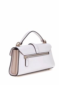 Borsa a mano in pelle bianca con design strutturato, dettagli neri, manico superiore e tasca zip frontale. Presenta una trama liscia e accessori in oro.