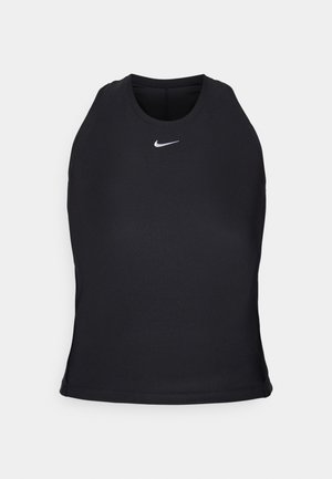 Črni atletski top iz gladkega blaga, z visokim vratom in majhnim belim logotipom Nike spredaj.