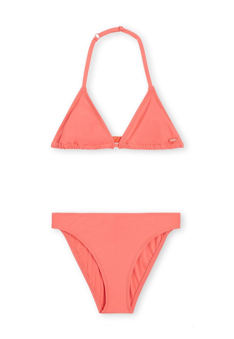Koralni bikini set z vrhnjim delom v obliki trikotnika z nabranimi robovi in nastavljivimi trakovi, v kombinaciji z nizkimi hlačkami. Gladka tekstura.