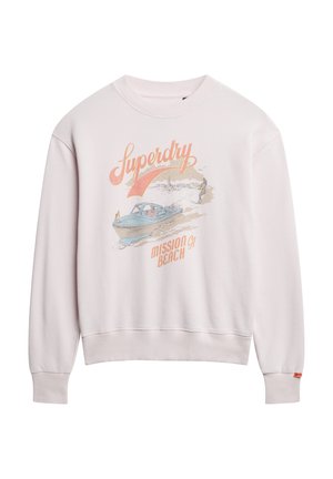 Sweat-shirt rose clair en coton avec des poignets et un ourlet côtelés. Présente un graphique rétro d'un bateau avec le texte "Superdry Mission Beach."