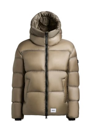 Giubbotto imbottito di colore beige chiaro con colletto alto, chiusura con zip e tasche laterali. Presenta un design trapuntato con cuciture visibili.