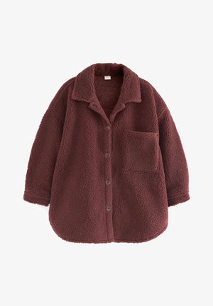 Donkerbruine sherpa fleece jas met knopen, kraag, lange mouwen en één borstzak.