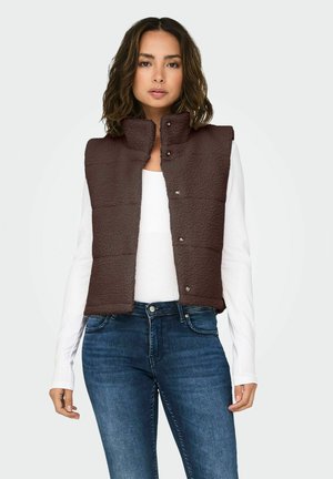 Brown, fleece-lined, sleeveless vest with a high collar, snap buttons, and a quilted design, worn over a white long-sleeve top and jeans.