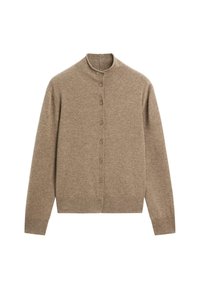 Brown knit cardigan with a high neckline, front button closure, and long sleeves. Soft texture and ribbed hem detail.