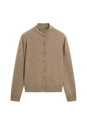 Bruine gebreide cardigan met hoge hals, sluiting met knopen aan de voorkant en lange mouwen. Zachte textuur en geribbelde zoomdetail.