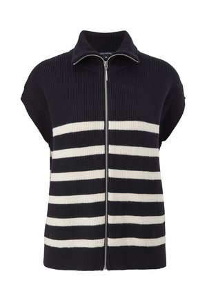 Cardigan sans manches en tricot rayé noir et blanc avec fermeture éclair devant et col montant.