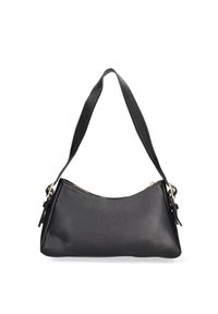 Borsa a tracolla nera in pelle con finitura testurizzata, forma a mezza luna e tracolla rimovibile. Dotata di chiusura con zip e dettaglio a frange laterali.