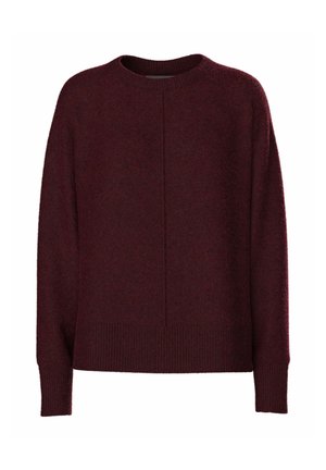 Burgundowy sweter z długim rękawem wykonany z miękkiej, teksturowanej tkaniny. Posiada okrągły dekolt oraz prążkowany dół z centralnym szwem jako elementem wzorniczym.
