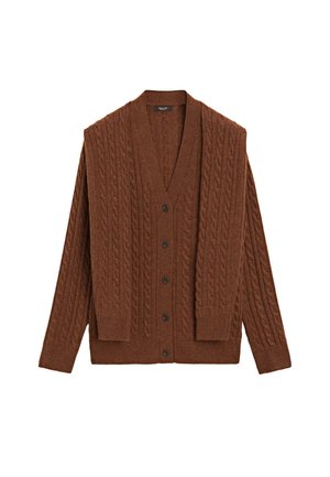 Brown cable-knit cardigan with a V-neck, long sleeves, and button front. Made of textured material, features vertical patterns, and dark buttons.