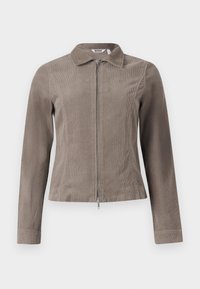 Jasnobrązowa kurtka ze sztruksu z długimi rękawami, kołnierzem i pełnym zapięciem na suwak z przodu, prezentowana na białym tle.