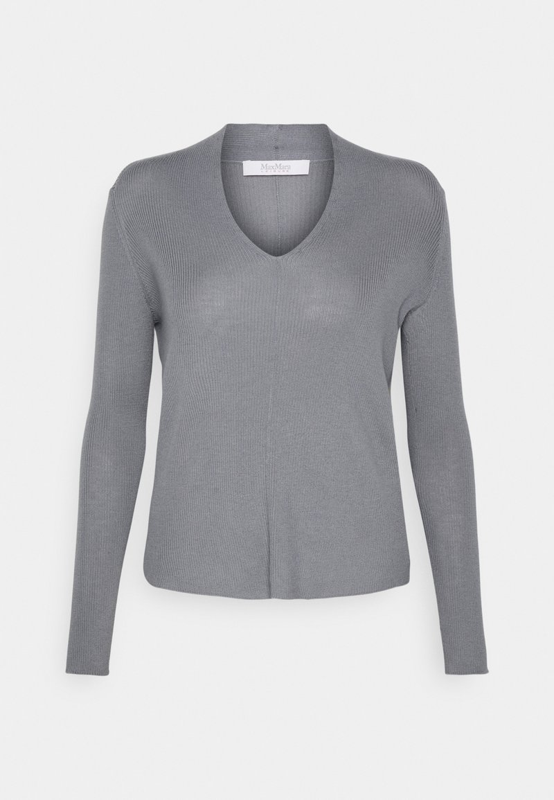 Pull gris côtelé à manches longues avec col en V, ourlet droit et étiquette Max Mara à l'intérieur de l'encolure.