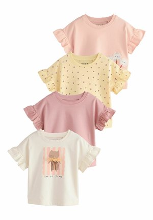 Vier kurzärmelige Kinderhemden mit Rüschenärmeln in Pastellrosa, Gelb mit Punkten, einfarbig Mauve und Weiß mit einer Katze und dem Text „Smile Time“.