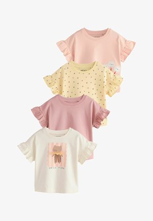 Neli lühikeste varrukatega laste särke, millel on volangid, toonitoonis roosa, kollane täppidega, ühtlane lilla ning valge kassiga ja tekstiga "Smile Time".