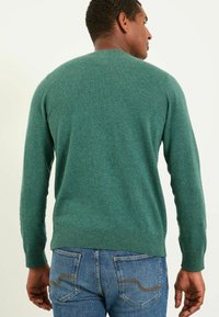 Dunkelgrüner Pullover mit Rundhalsausschnitt, langen Ärmeln und gerippten Bündchen. Kombiniert mit blauen Jeans im klassischen Taschenstil.