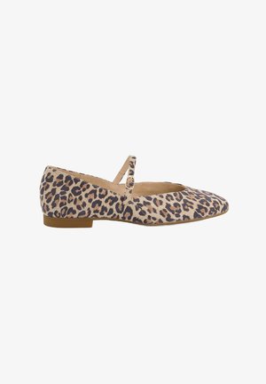 Ballerines en imprimé léopard, fabriquées en matériau doux, avec un bout arrondi, une bride à la cheville avec boucle, et un petit talon empilé.