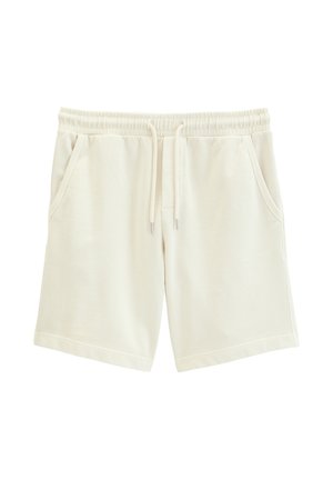 Beige casual shorts met een elastische tailleband, trekkoordsluiting en zijzakken, weergegeven tegen een witte achtergrond.