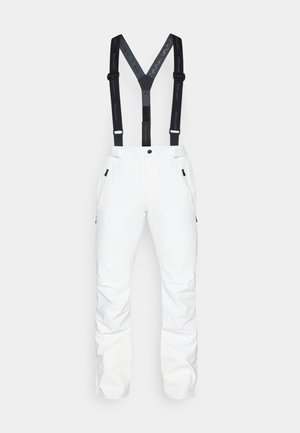Calças de neve brancas com suspensórios pretos ajustáveis, bolsos laterais com zíper e pernas inferiores reforçadas. Tecido suave com um design elegante.