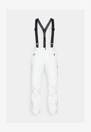 Calças de neve brancas com suspensórios pretos ajustáveis, bolsos laterais com zíper e pernas inferiores reforçadas. Tecido suave com um design elegante.