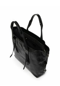Zwarte leren tote tas met twee schouderbanden, rechthoekige vorm, ritsluiting en binnenvakjes. Gladde textuur met metalen accenten.