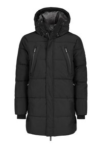 Black puffer jacket featuring a hood, two zippered chest pockets, quilted texture, and elastic cuffs for warmth and fit.