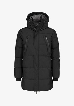 Black puffer jacket featuring a hood, two zippered chest pockets, quilted texture, and elastic cuffs for warmth and fit.