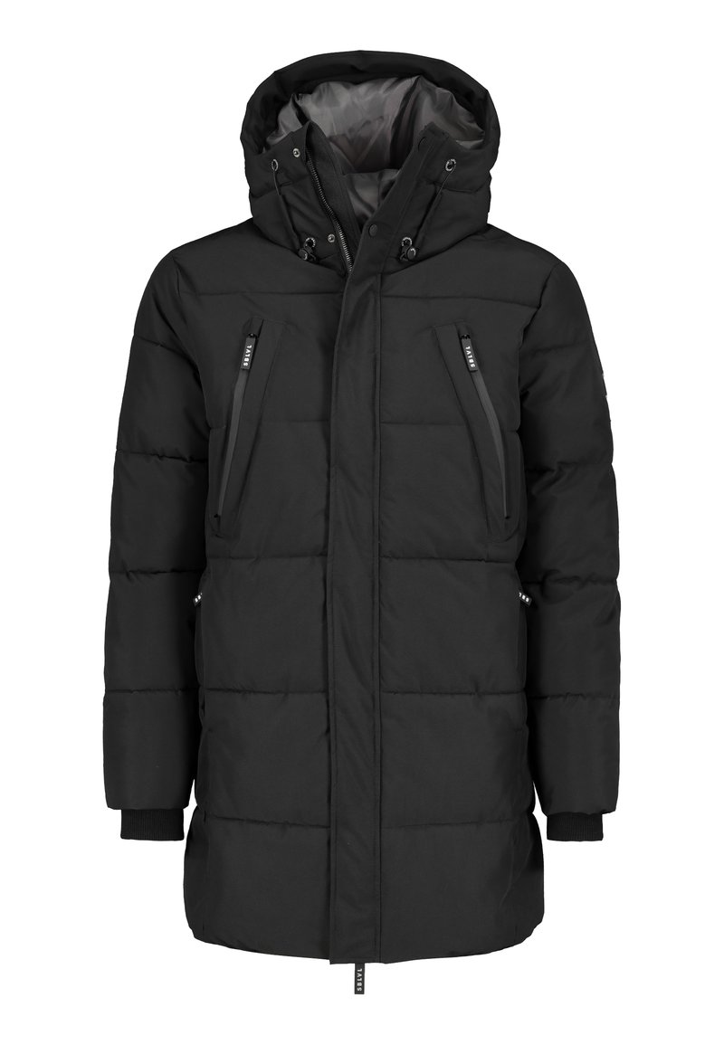 Black puffer jacket featuring a hood, two zippered chest pockets, quilted texture, and elastic cuffs for warmth and fit.