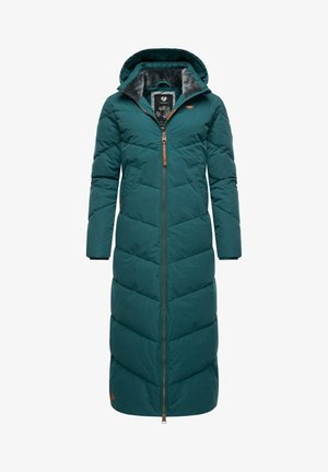 Teal puffer coat featuring a zipper closure, hood, and fleece-lined collar. It has a long, straight design with chevron stitching details.