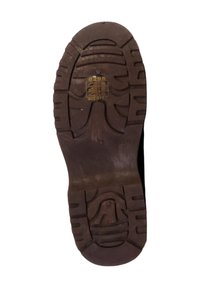 Semelle de chaussure en caoutchouc marron avec des motifs de bande de roulement profonds et des accents en relief, présentant un marquage de la marque et de la taille embossés sur la surface.