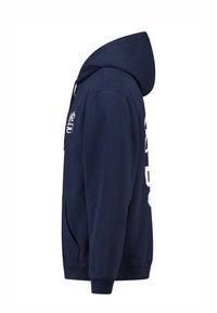 Marineblauwe hoodie met een zijaanzicht, voorzien van een voorkantzak, geribde manchetten en een wit grafisch ontwerp aan de voorkant.